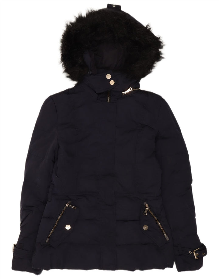 ZARA Damen-Jacke mit Kapuze, wattiert, Gr. 10, Größe S, marineblaues Nylon