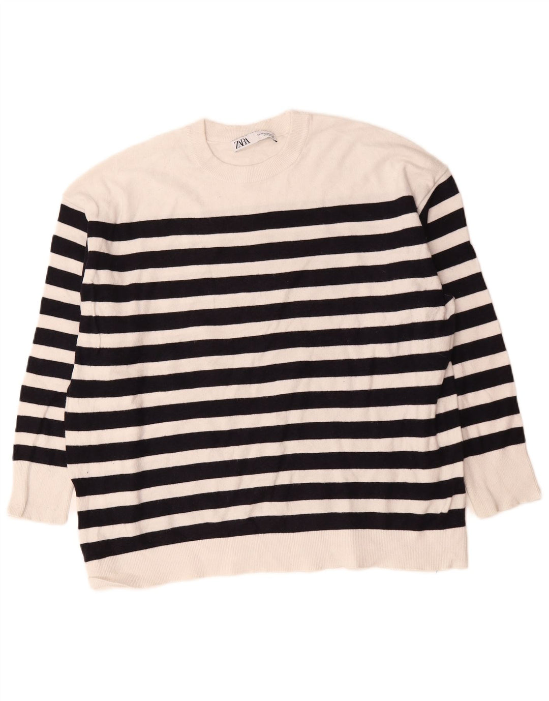 Zara Dame Oversized Crew Neck Jumper Sweater UK 14 Mellem hvid stribet