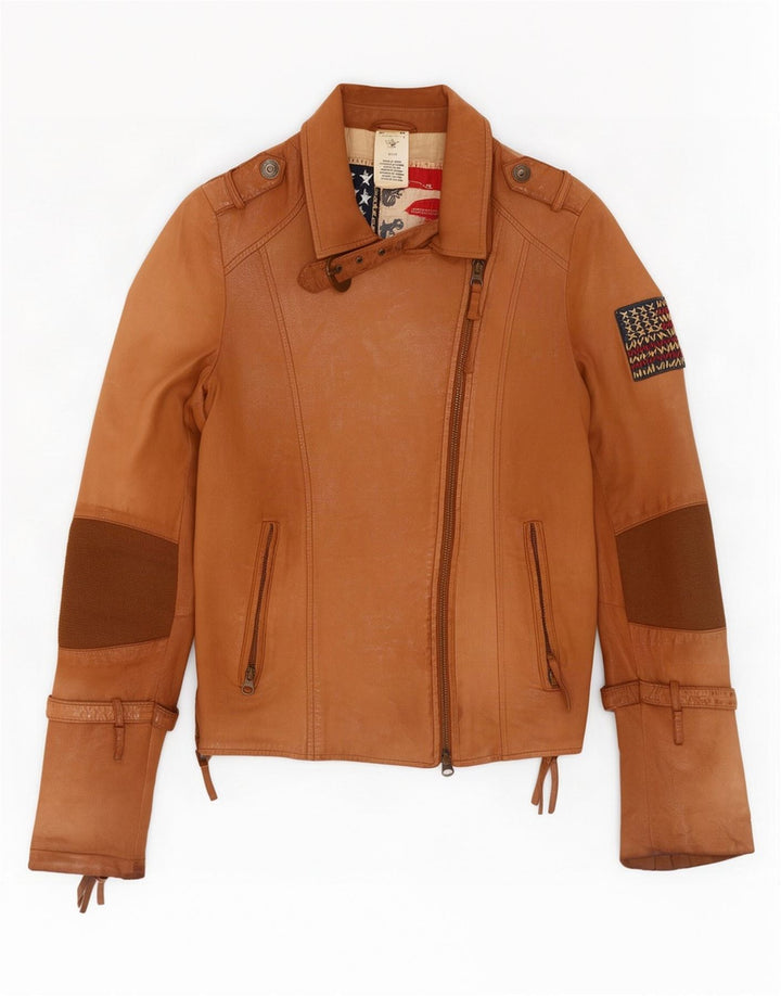 Женская кожаная косуха True Religion UK 10, маленькая, бежевая с цветными блоками