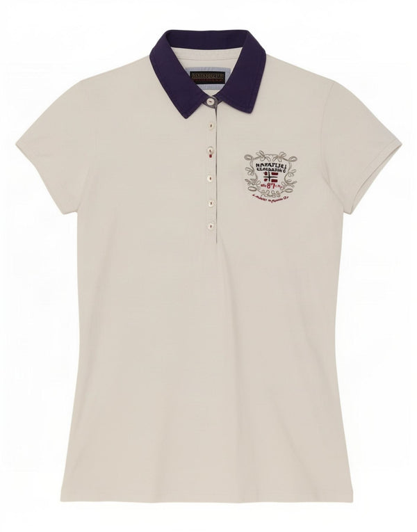 Napapijri Womens Geographic Polo Shirt UK 12 Medium White Colourblock