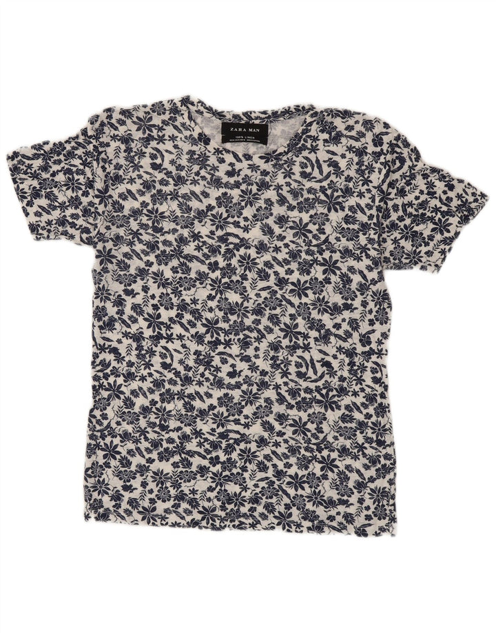 Zara Herre T-Shirt Top Medium White Floral Linen