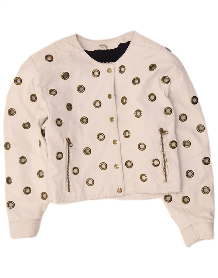 Giacca in pelle corta da donna vintage UK 10 piccola pelle bianca