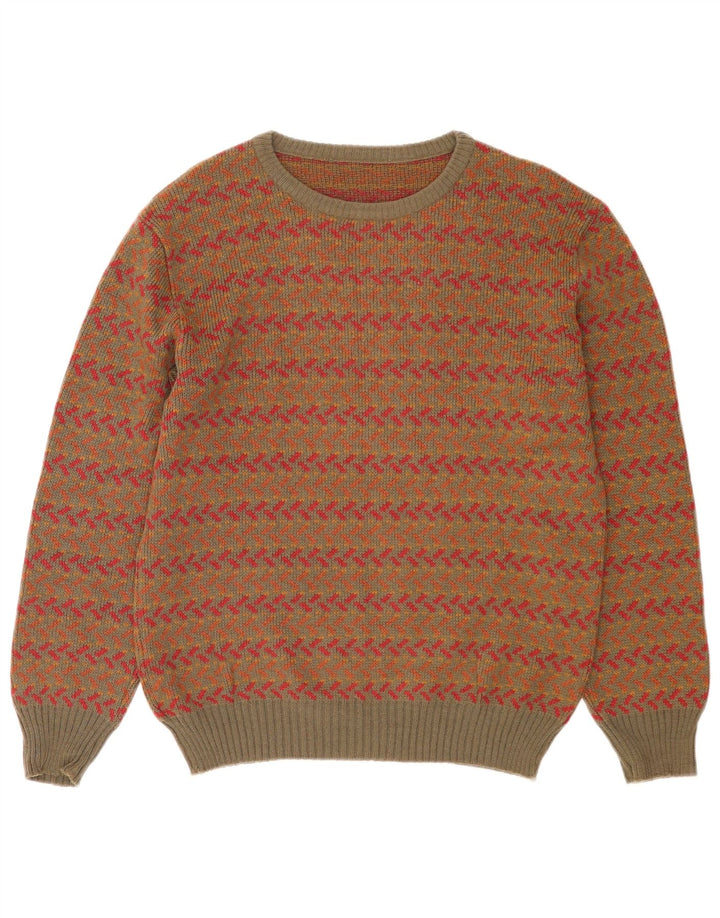 Vintage Mens Crew Neck Jumper Sweater Medium Khaki Geometric Wool