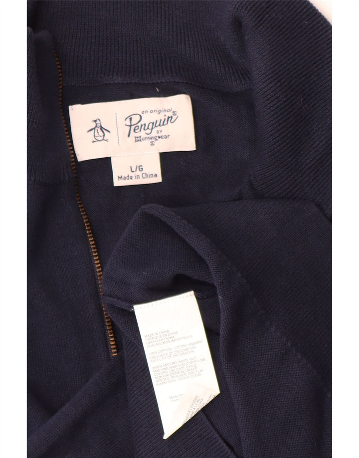 Penguin Mens Zip Neck Jumper Sweater Large Navy Blue Cotton
