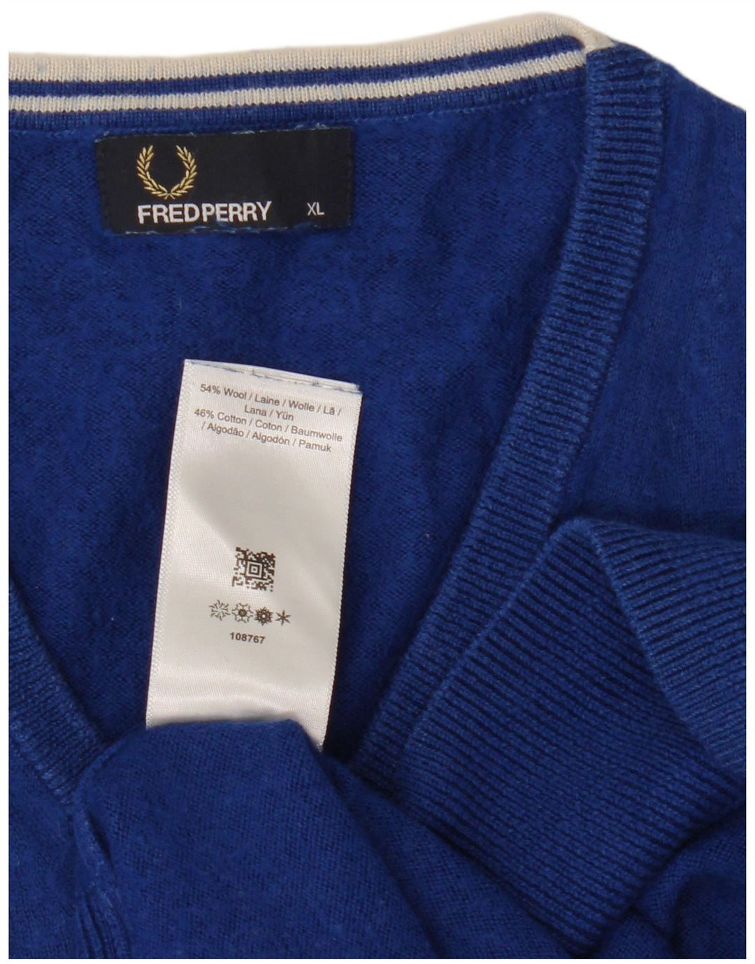 Fred Perry Mens V-Neck Jumper Sweater XL Blue Wool