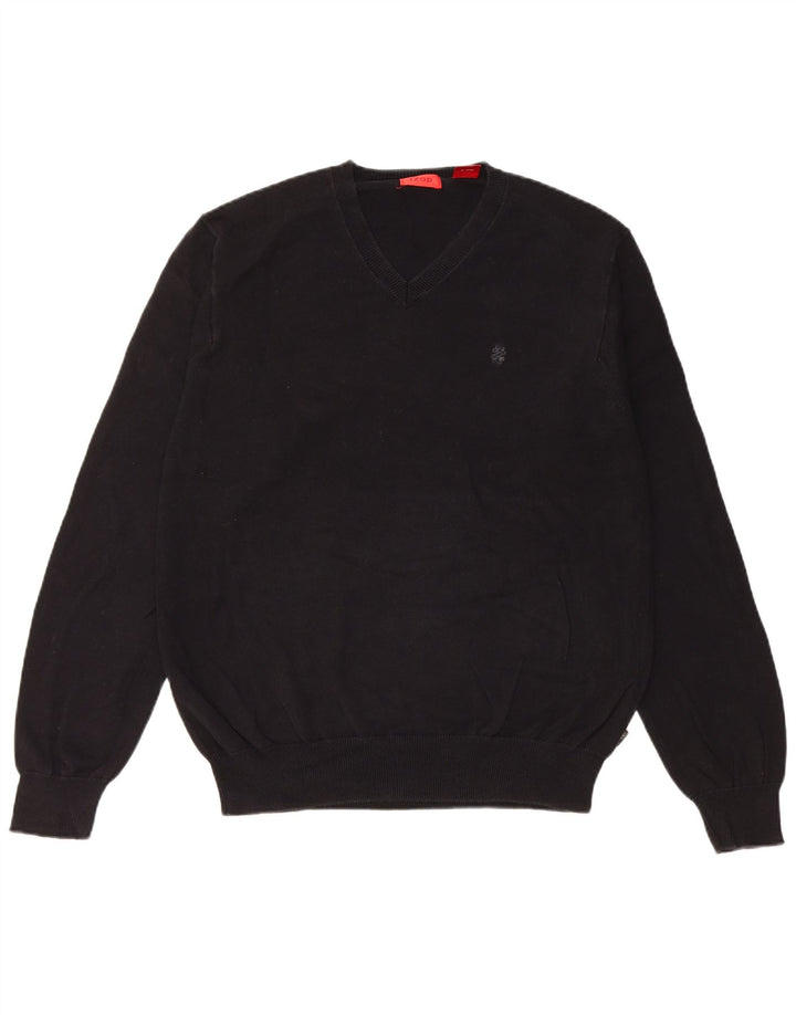 Izod Mens V-Neck Jumper Sweater Medium Black Cotton