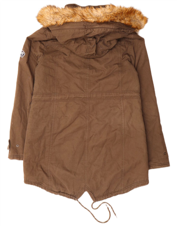 Puffa Womens Hooded Parka Jacket UK 14 Large Brown Cotton