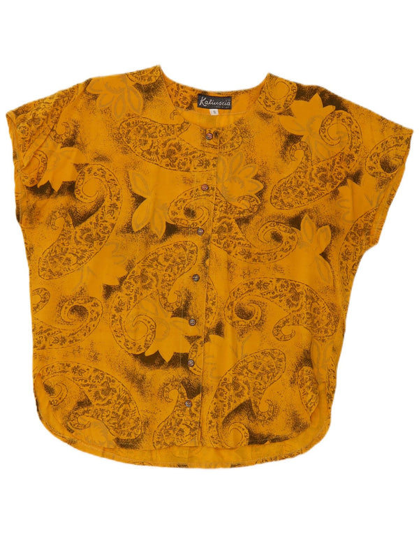 vintage Femme Chemise à manches courtes Blouse UK 10 Petit Paisley Jaune