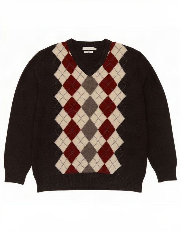Luca D'altieri Herren-Pullover mit V-Ausschnitt, 2XL, braune Argyle-/Diamantwolle
