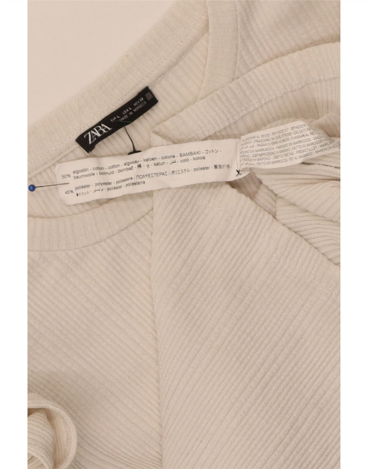 Zara Womens Crop Ruffle Front Top Long Sleeve UK 14 Large White Cotton