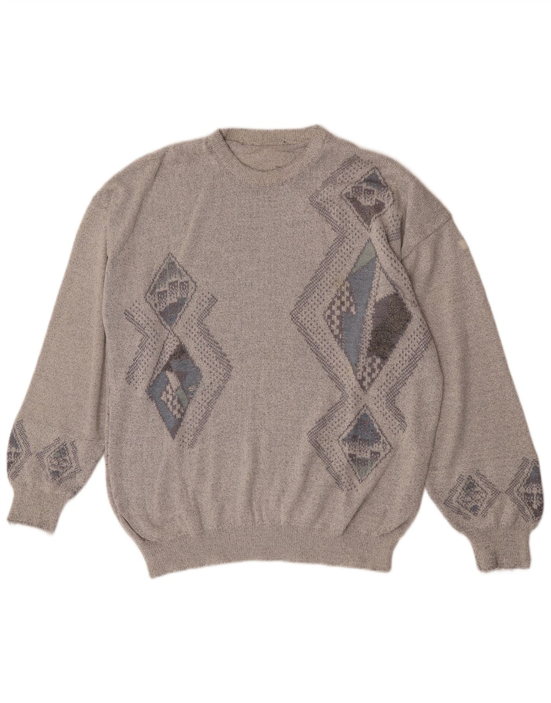 Vintage Mens Regular Fit Crew Neck Jumper Sweater Large Grey Argyle/Diamond