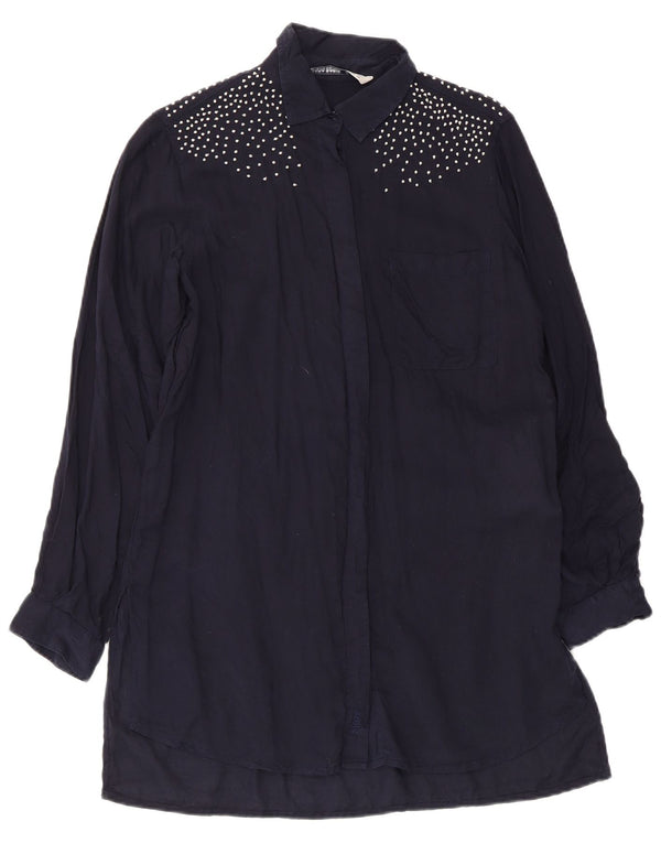 Zara Womens Long Sleeve Shirt Dress UK 6 XS Navy Blue Lyocell