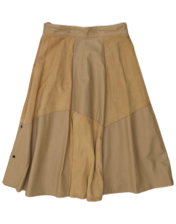 Vintage Womens Leather Flared Skirt IT 42 Medium W26 Beige Colourblock