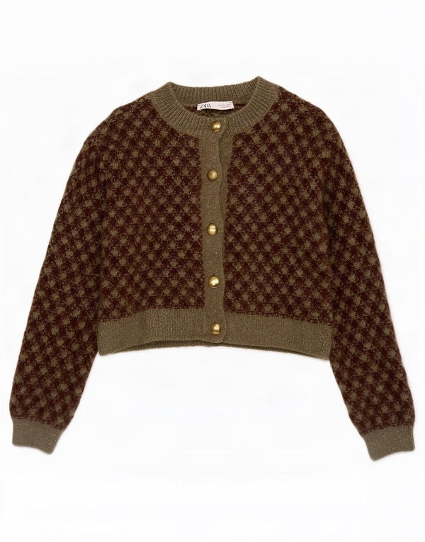 Zara női Crop kardigán pulóver UK 10 kicsi, khaki geometrikus akril