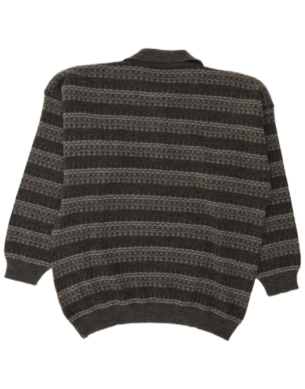 vintage Mens Polo Neck Jumper Pull Grand Gris Rayé