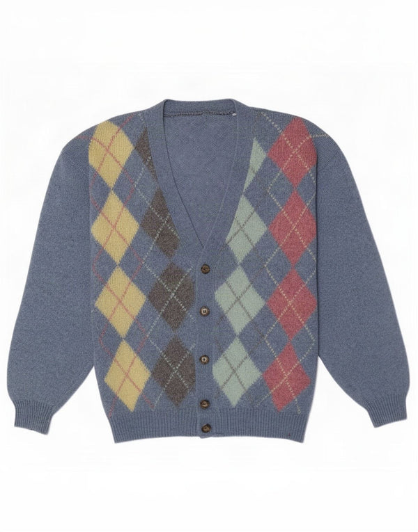 Maglione cardigan da uomo vintage grande blu a rombi/diamante