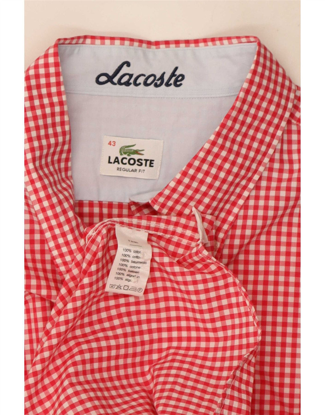 Lacoste Herre Regular Fit skjorte str. 43 Large Red Gingham Cotton