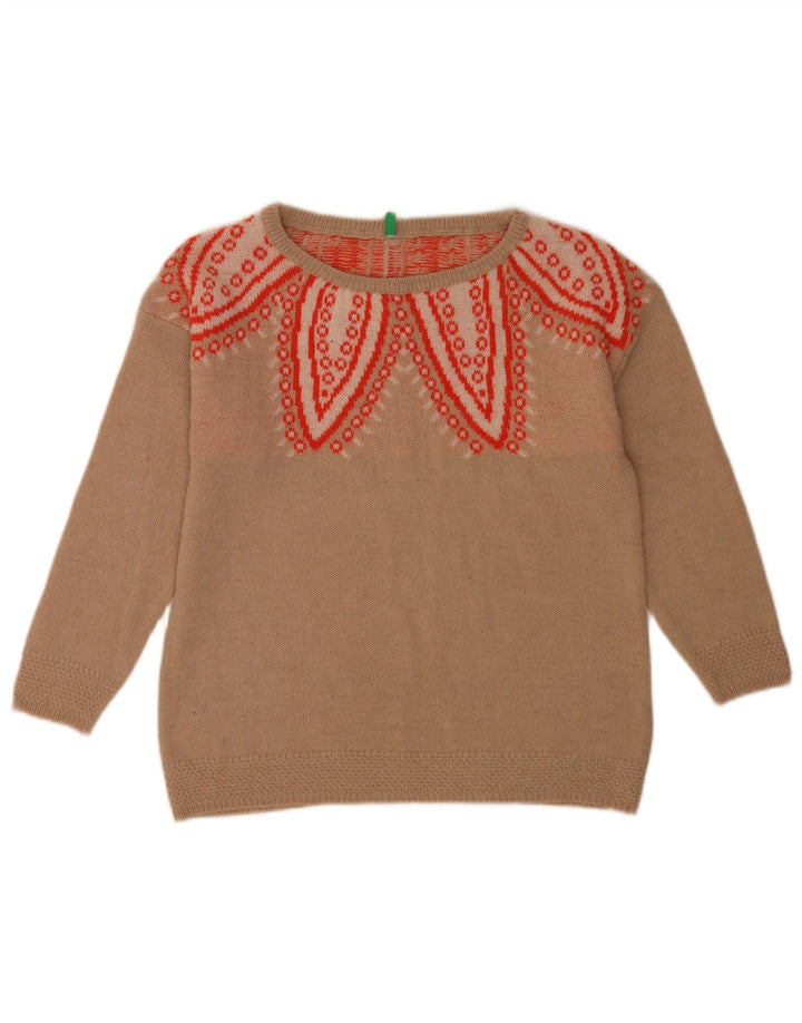 Benetton Womens Abstract Pattern Crew Neck Jumper Sweater UK 10 Small Beige