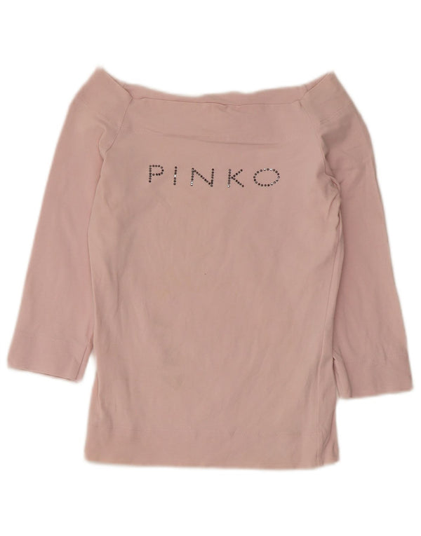 Pinko Womens Off Shoulder Graphic Top 3/4 Sleeve UK 8 Small Pink Cotton