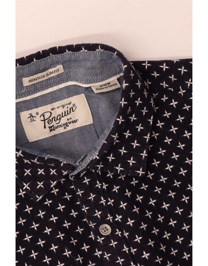 Penguin Mens Heritage Abstract Pattern Slim Fit Shirt Medium Navy Blue