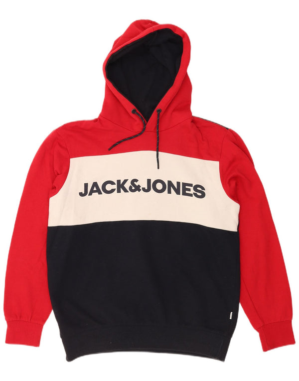 Jack & Jones Mens Graphic Hoodie Jumper Large Red Colourblock Cotton