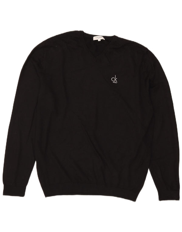 Calvin Klein Mens V-Neck Jumper Sweater Large Black Merino Wool