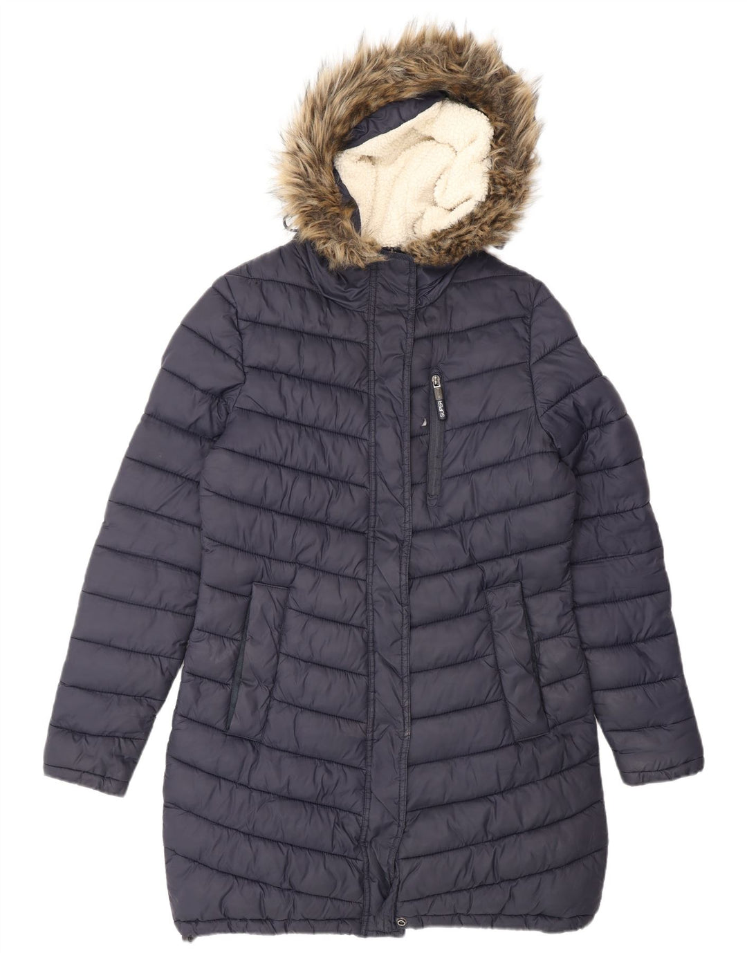 SUPERDRY Womens Hooded Padded Coat UK 14 Medium Navy Blue Nylon