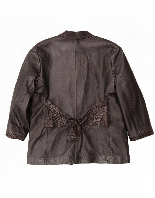 Jaqueta blazer de couro aberta feminina vintage Reino Unido 16 grande estampa animal marrom