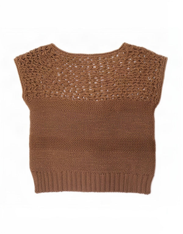 Vintage Womens Short Sleeve Boat Neck Jumper Sweater UK 10 Small Brown