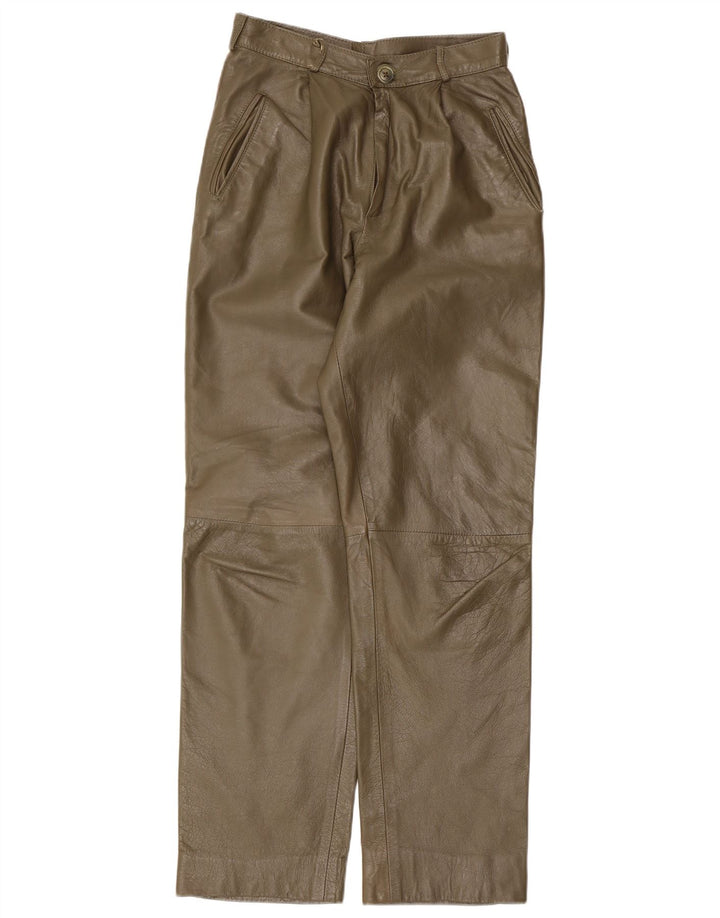 Vintage Womens Straight Leather Trousers W26 L29 Khaki