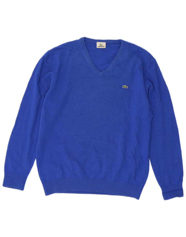 Lacoste Mens V-Neck Jumper Sweater Size 6 XL Blue Virgin Wool
