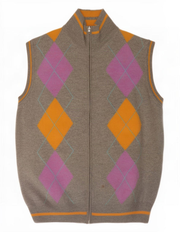 Vintage Mens Sleeveless Cardigan Sweater Large Grey Argyle/Diamond