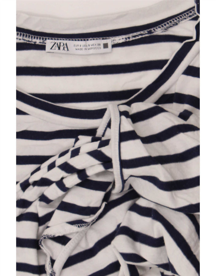Zara Womens Crop Front Tie Blouse Top UK 10 Small Navy Blue Striped