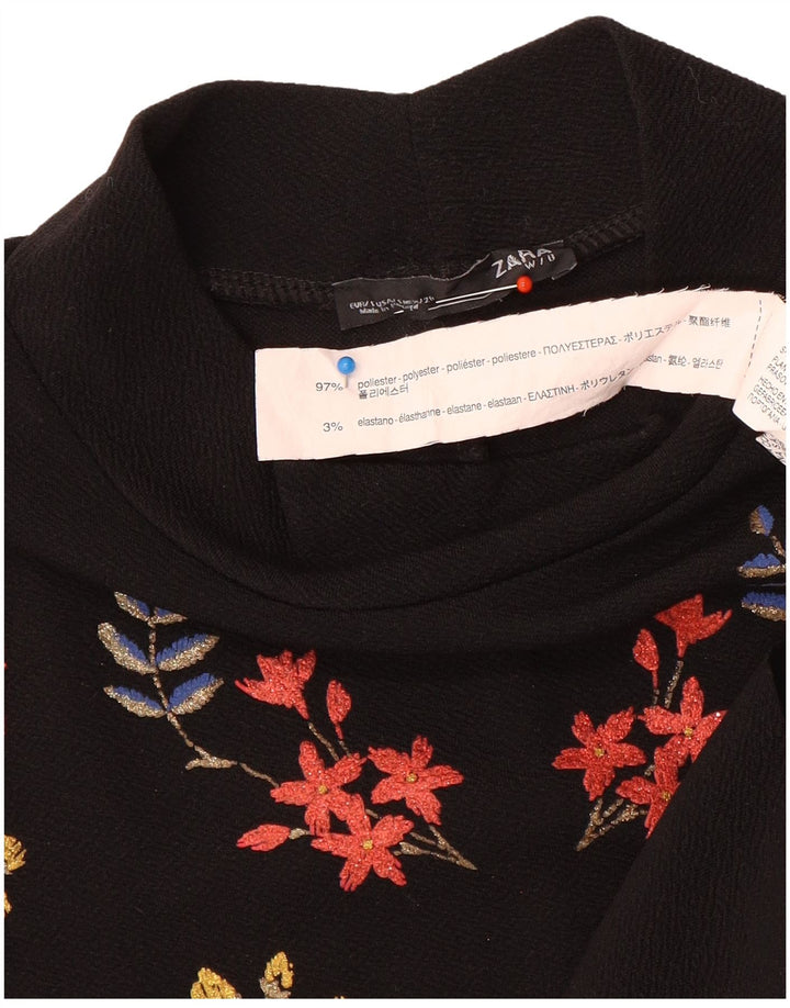 Abito a trapezio a maniche lunghe da donna Zara UK 10 Piccolo poliestere floreale nero