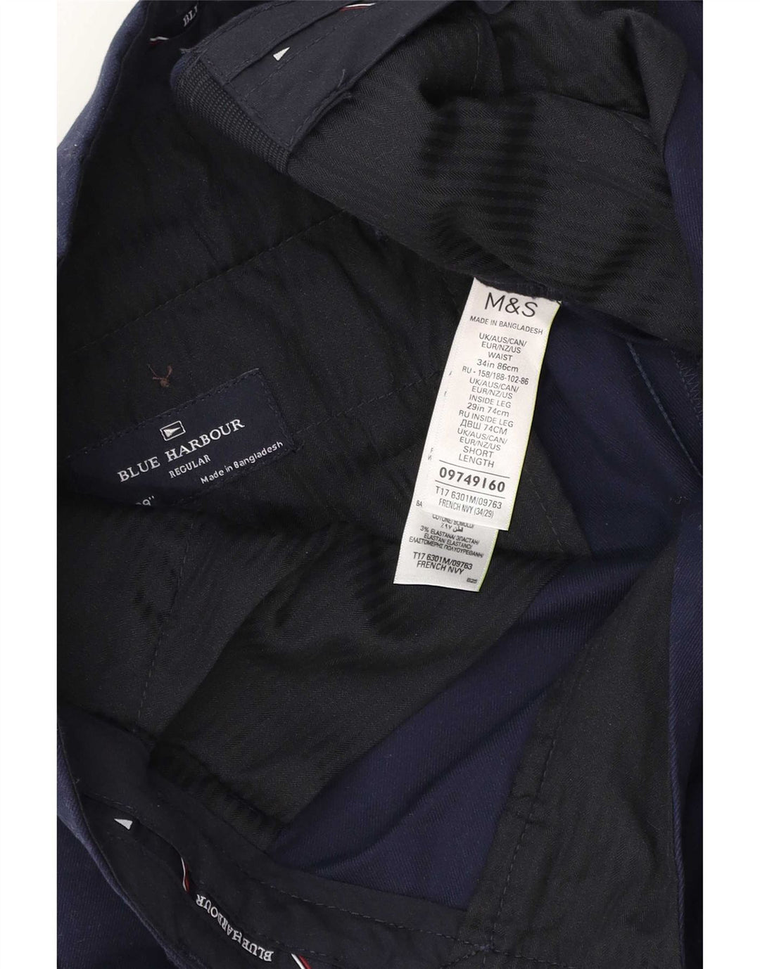 Marks & Spencer Mens Blue Harbour Regular Chino Trousers W34 L29 Navy Blue