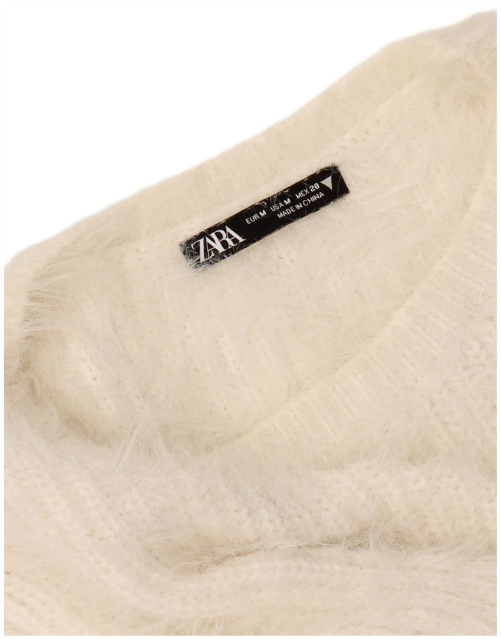 Zara Womens Crop Crew Neck Jumper Sweater UK 12 Medium Off White