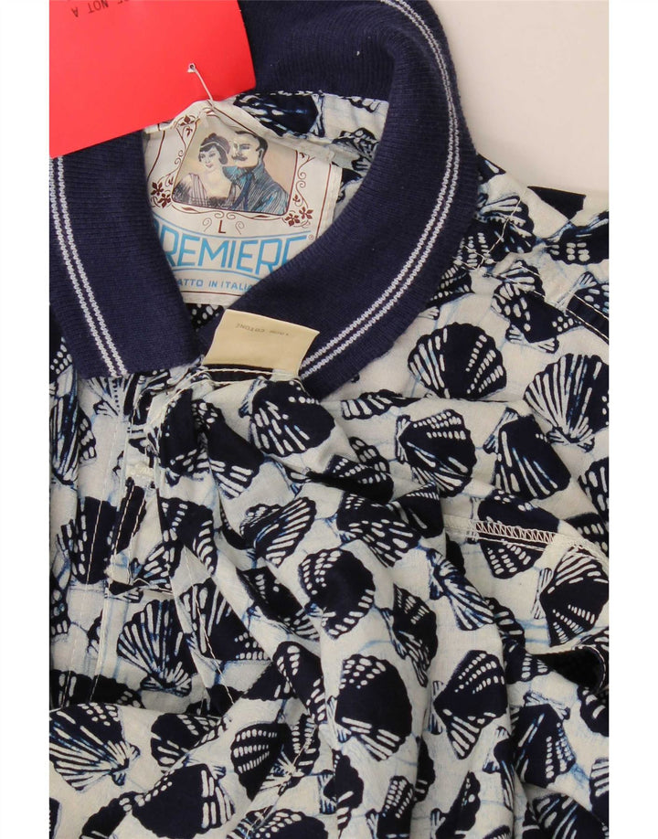 Vintage Mens Abstract Pattern Short Sleeve Shirt Large Navy Blue Cotton