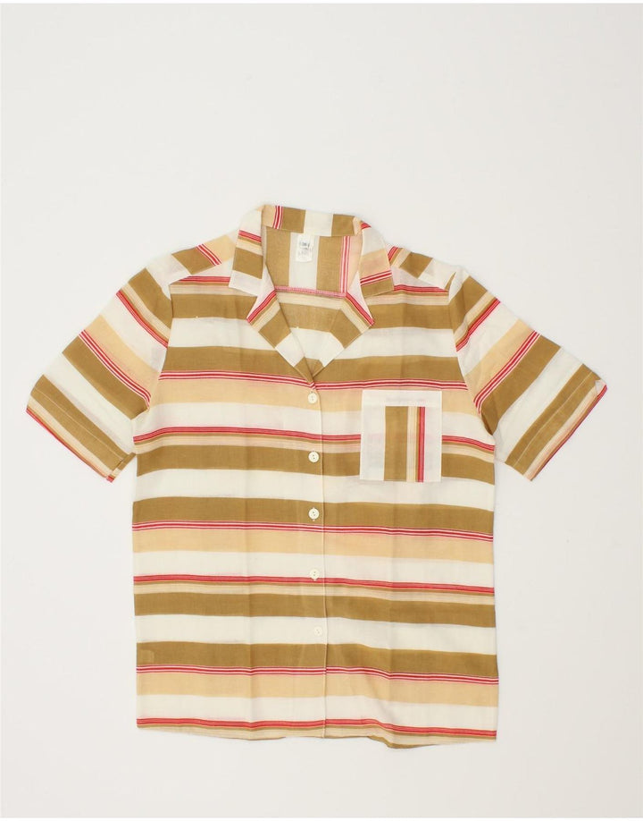VINTAGE Womens Short Sleeve Shirt EU 36 Small Beige Striped Polyester Vintage Vintage and Second-Hand Vintage from Messina Hembry 