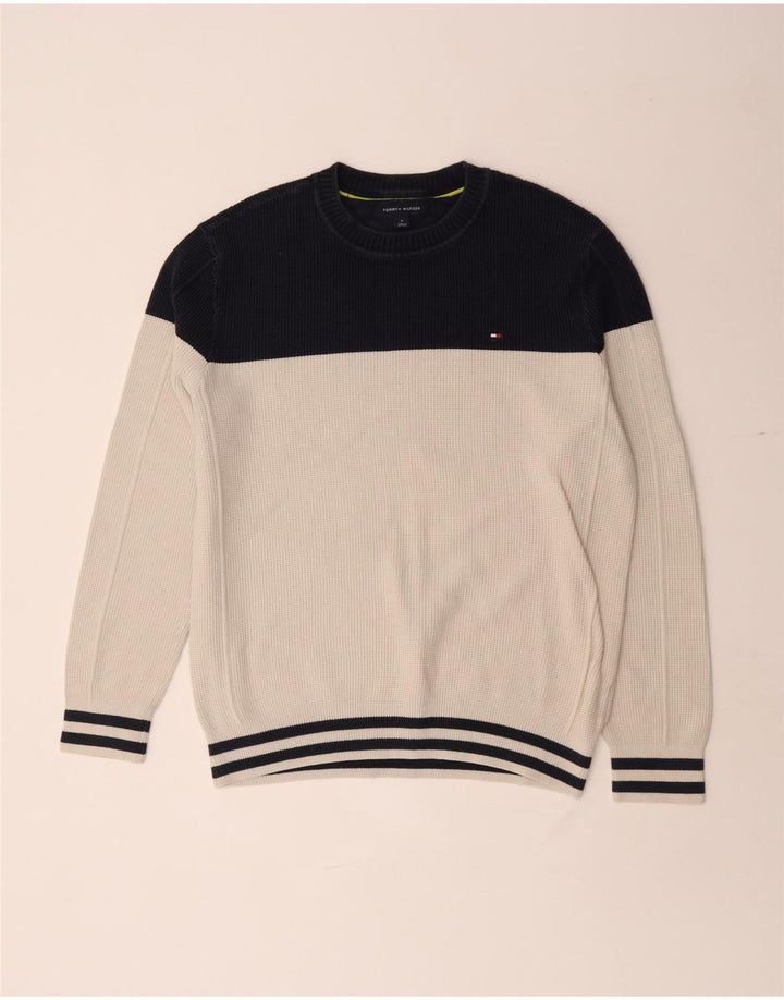 Tommy Hilfiger Mens Crew Neck Jumper Sweater Medium Off White Colourblock