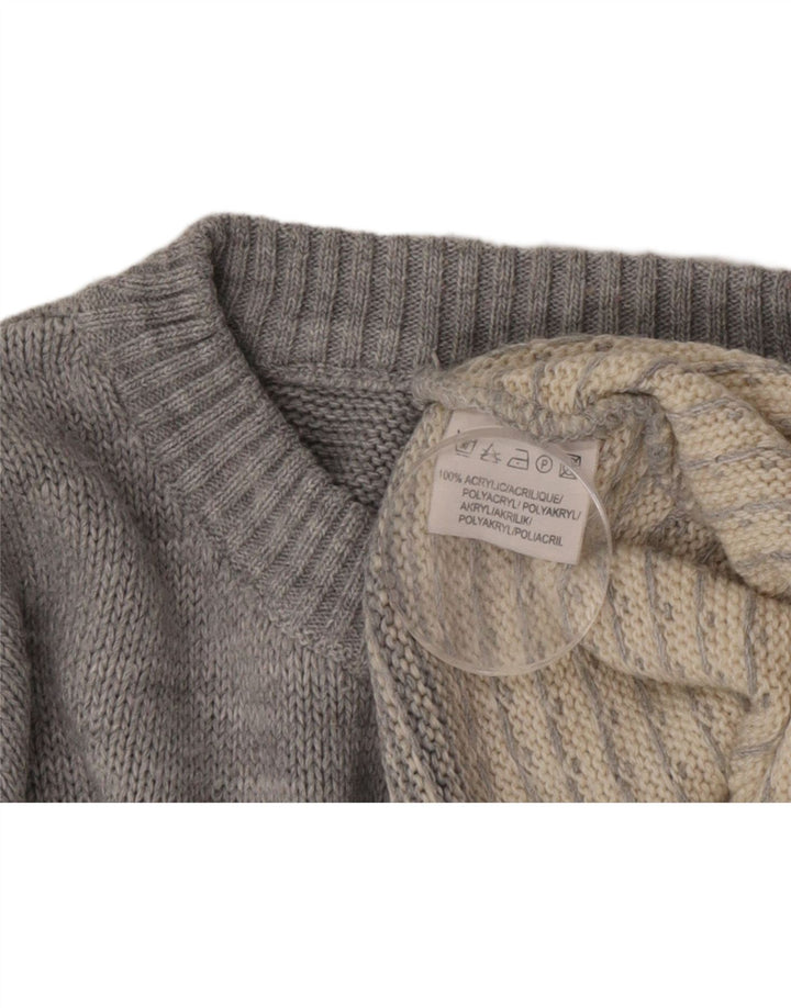 Vintage Mens Crew Neck Jumper Sweater Medium Grey Fair Isle Acrylic