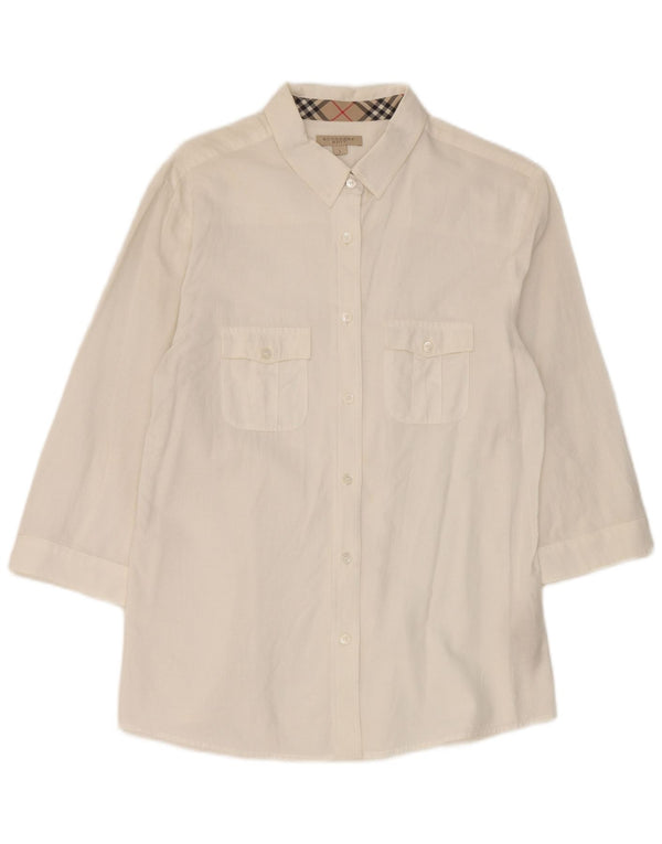 Burberry Chemise à manches 3/4 BRIT pour femme UK 14 en coton à fines rayures blanches