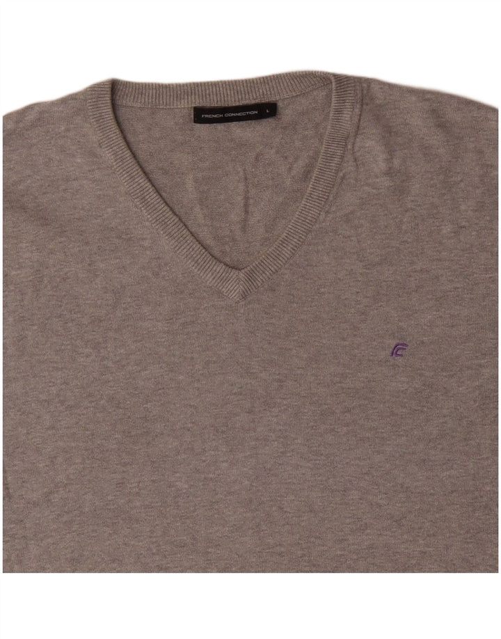 FRENCH CONNECTION Herren-Pullover mit V-Ausschnitt, groß, grau gefleckte Baumwolle