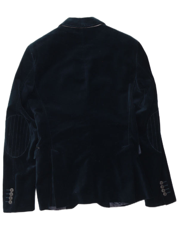 Zara Mens 2 Button Velour Blazer Jacket EU 46 Small Navy Blue Polyester