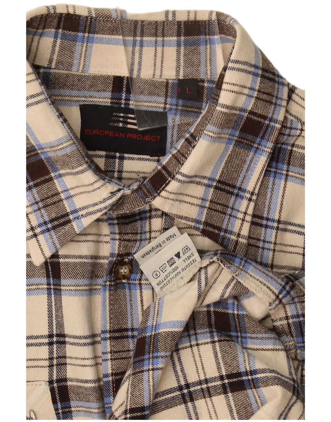 European Project Mens Flannel Shirt Large Beige Check Cotton