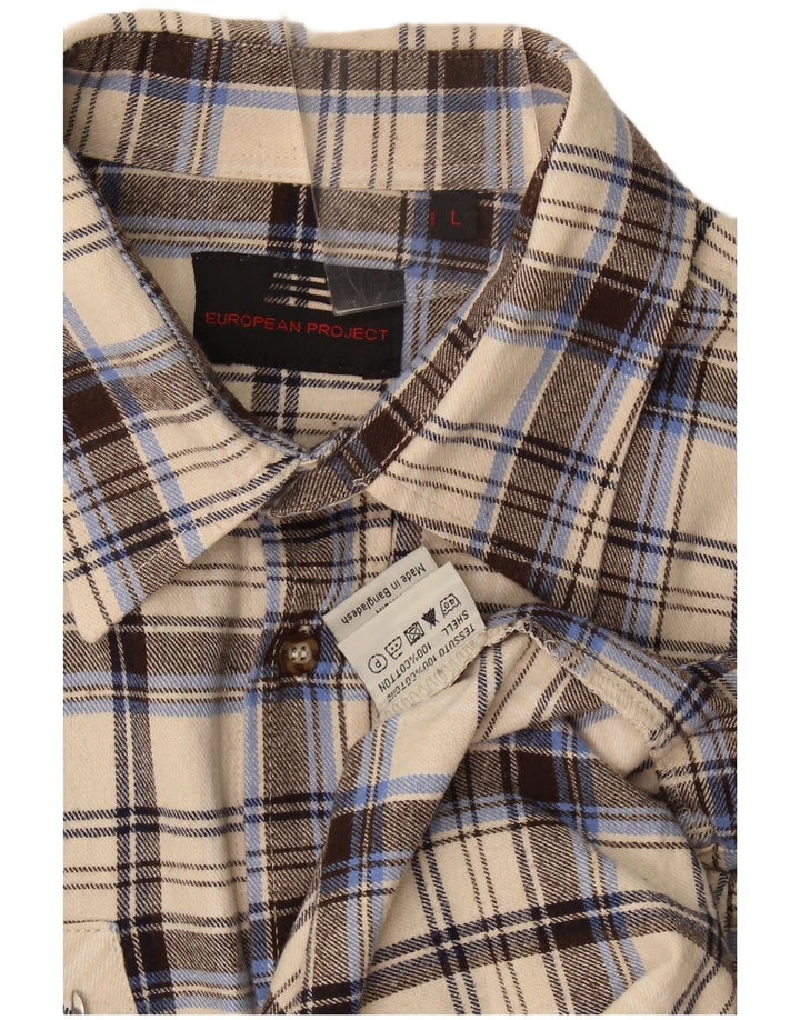 European Project Mens Flannel Shirt Large Beige Check Cotton