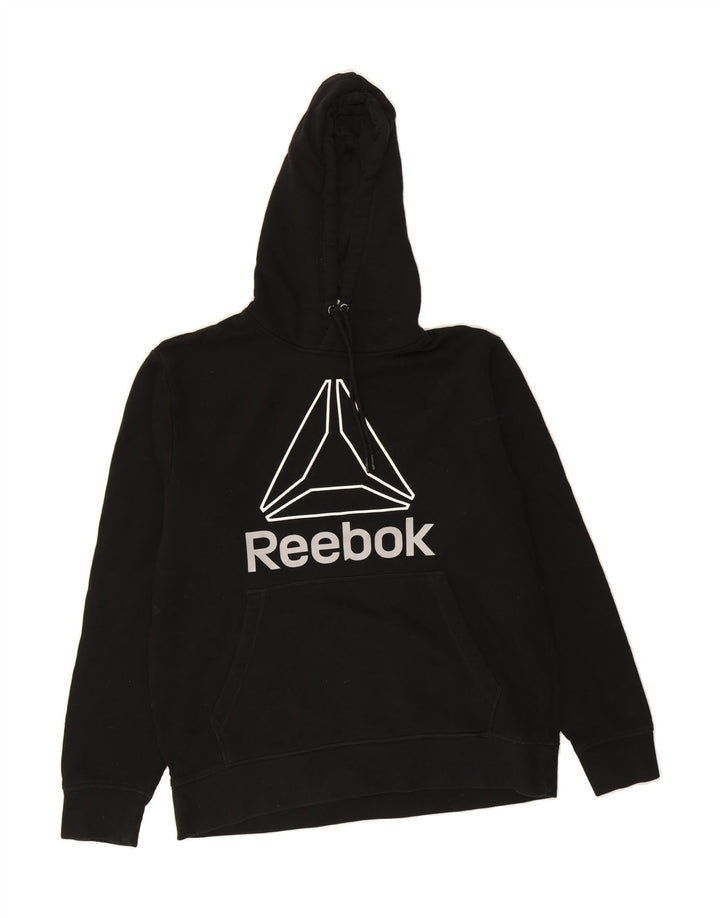 REEBOK Mens Graphic Hoodie Jumper Medium Black Cotton Vintage Reebok and Second-Hand Reebok from Messina Hembry 