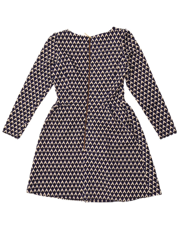 CLOSET Abito da donna a maniche lunghe a trapezio UK 8 Piccolo blu navy geometrico