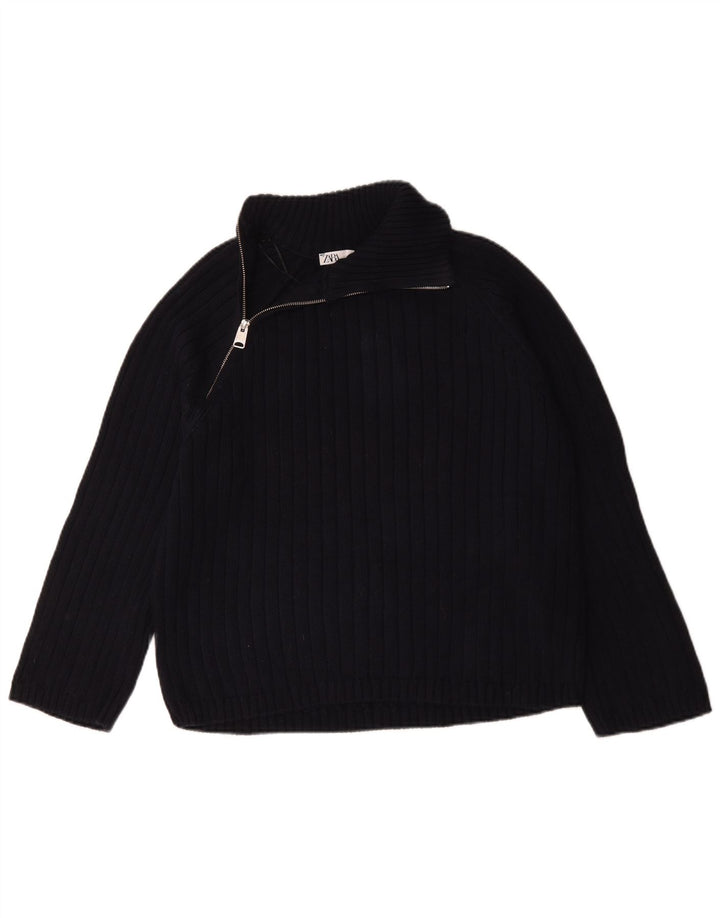 Zara Mens Regular Fit Zip Neck Jumper Sweater Small Navy Blue Cotton