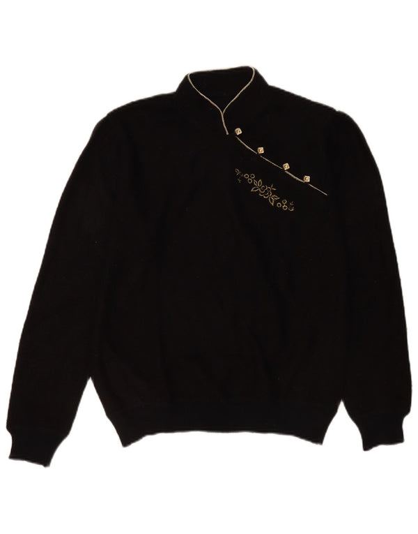 Maglione maglione collo alto da donna vintage UK 14 medio nero floreale