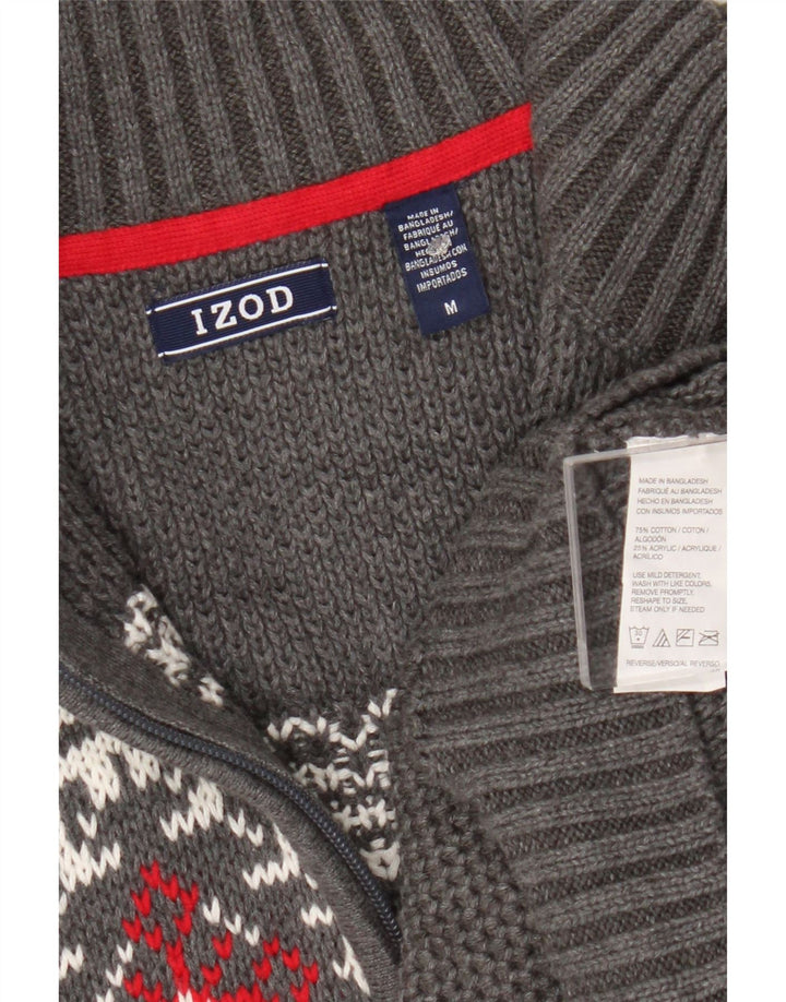 Izod Mens Zip Neck Jumper Sweater Medium Grey Fair Isle Cotton
